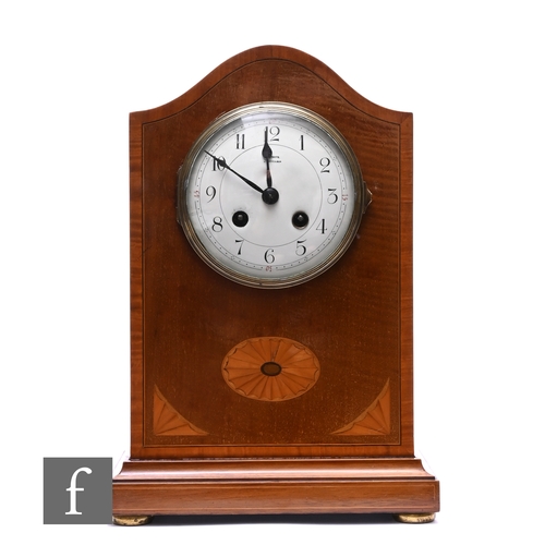 740 - An Edwardian inlaid mahogany mantle clock by S White Beccles, eight day striking movement, circular ... 