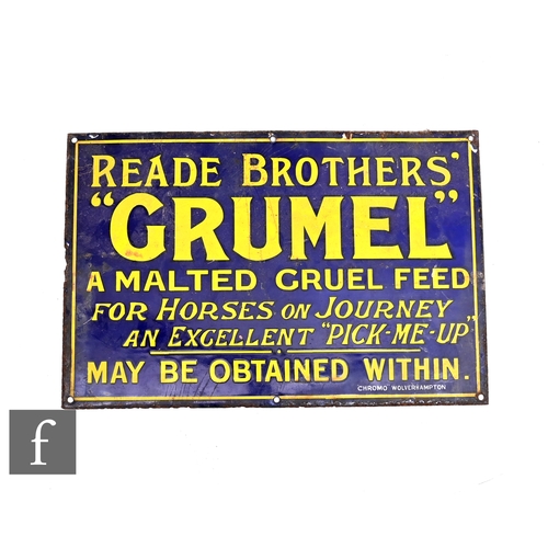 528 - A 1930s or earlier enamel sign yellow on blue, 'Reade Brothers 'GRUMEL' a malted cruel feed for hors... 