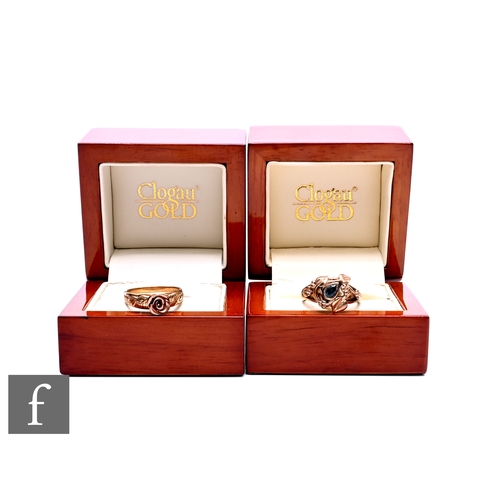 402 - Two 9ct Welsh gold Clogau rings, to include a 'Rose' design ring, size O, engraved with Clogau stamp... 