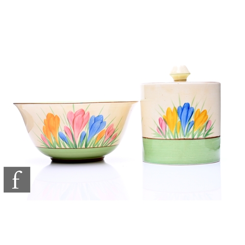 164 - A Clarice Cliff shape 3 drum shaped preserve circa 1938 in the Spring Crocus pattern, hand painted w... 