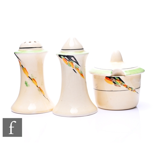 166 - A Wilkinsons Muffiner cruet set of salt, pepper and covered mustard, hand painted with a stylised fl... 