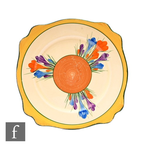 177 - A Clarice Cliff Leda shape plate circa 1932, hand painted with Crocus sprayed within green, yellow a... 