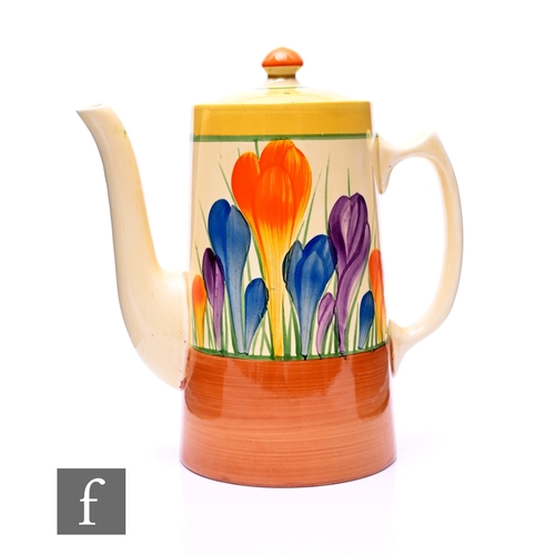 181 - A Clarice Cliff Tankard shape coffee pot circa 1929, hand painted with large Crocus sprays between, ... 