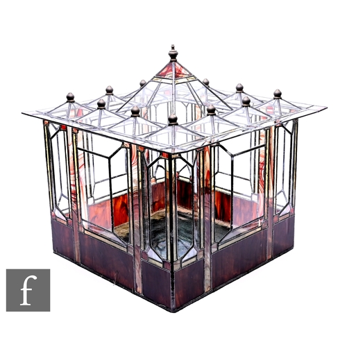 602 - A 20th Century terrarium, leaded light and coloured stained glass panels of square form with pagoda ... 