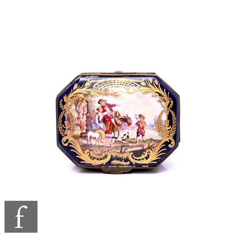 140 - A mid 19th Century French porcelain patchbox, of octagonal form, the lid decorated with a man on a m... 