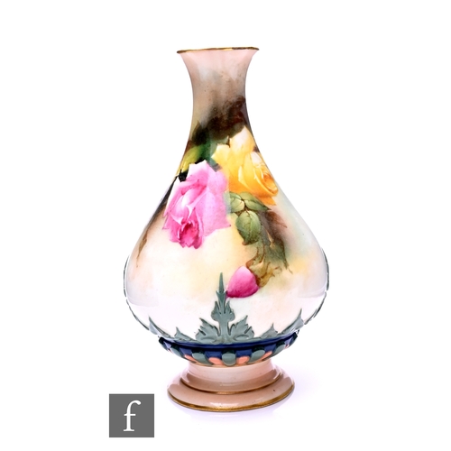 97 - Ambrose Hood for Hadley's Worcester, a rose painted vase, circa 1910, of baluster form, with fluted ... 