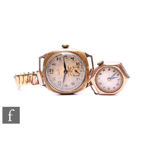 414 - Two yellow metal backed 1930s watches, the first of hexagonal form, diameter 2cm, and a wristwatch w... 