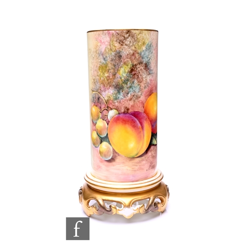 101 - John Cook for Royal Worcester, a fruit painted vase, of sleeve form, on stepped foot and reticulated... 