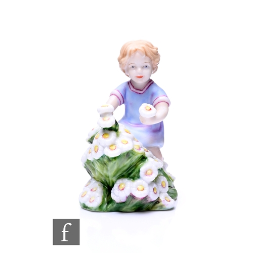 104 - Freda Doughty for Royal Worcester, 'May', circa 2005 modelled as a young girl picking daisies, black... 