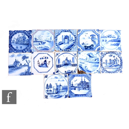 129 - A collection of 18th Century English Delft 5 inch tiles, blue over white decoration depicting landsc... 