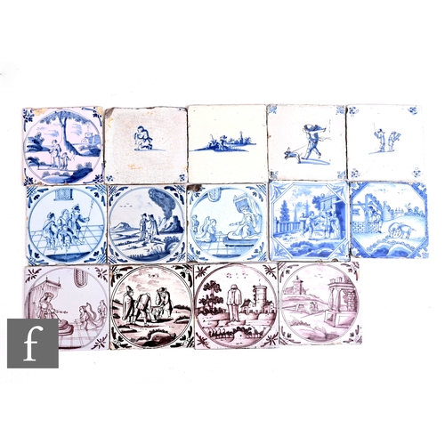 130 - A collection of 18th Century English Delft 5 inch tiles, blue and manganese over white, allegorical ... 