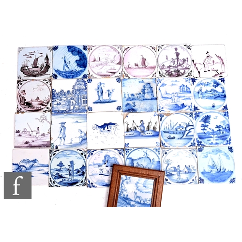 131 - A collection of 18th Century English Delft 5 inch tiles, blue and magenta over white, decorated with... 