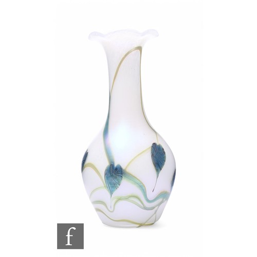 203 - A later 20th Century Okra studio glass vase of ovoid form with tall collar neck and frill rim, decor... 