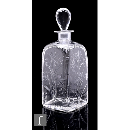 218 - A 20th Century clear crystal glass decanter, of square shouldered form, decorated with intaglio cut ... 