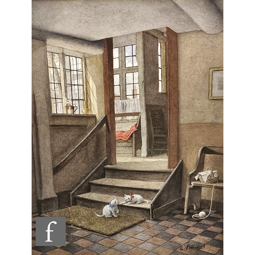 764 - E. Stevens (20th Century) - Kittens at play on the stairs of an interior scene, watercolour, signed,... 