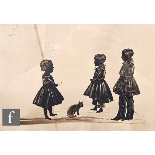 768 - English School (19th Century) - Brothers and sister with their cat, silhouette with gilt highlights,... 