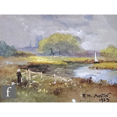 774 - Reginald Harry Austin (1890-1955) - A figure standing in a river landscape, watercolour heightened w... 