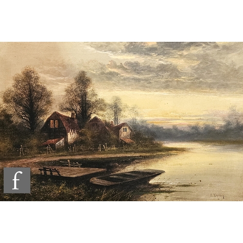 805 - N. Newman (19th Century) - Sunrise over a moored punt by cottages, oil on canvas, signed, inscribed ... 