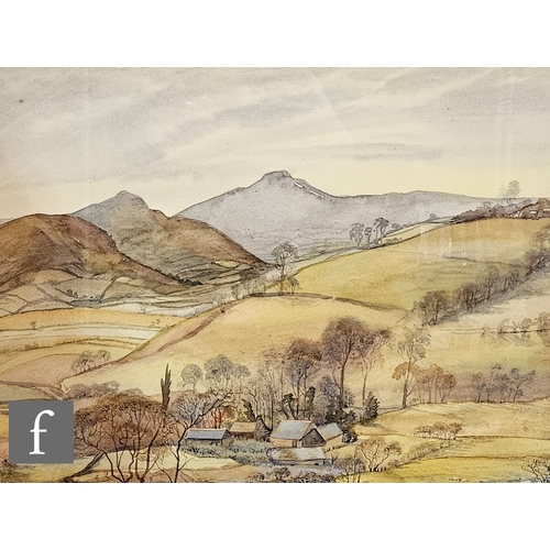 811 - Ken Etheridge (1911–1981) -  An extensive Welsh landscape with cottages in the foreground, watercolo... 