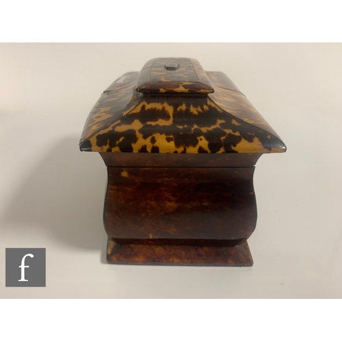 518 - A 19th Century tortoiseshell tea caddy, fitted two division interior enclosed by a pagoda top over a... 