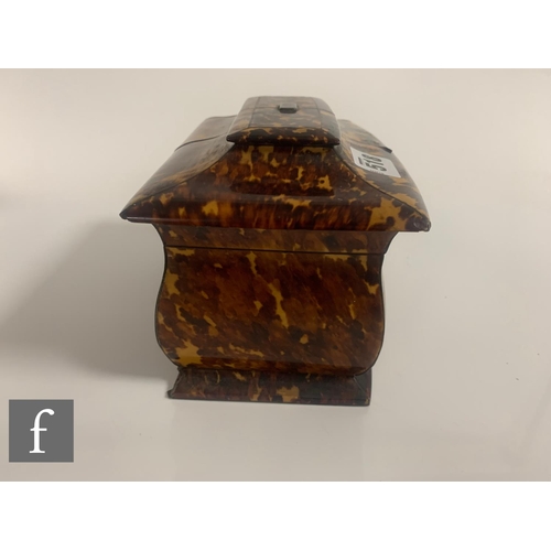 518 - A 19th Century tortoiseshell tea caddy, fitted two division interior enclosed by a pagoda top over a... 