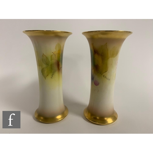 11 - Kitty Blake for Royal Worcester, a pair of fruit painted vases, circa 1935, of trumpet form, decorat... 