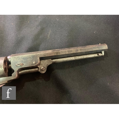 631 - A .44 Cal Colt Navy percussion revolver No 25679, 18.5cm octagonal barrel, naval scene to cylinder, ... 