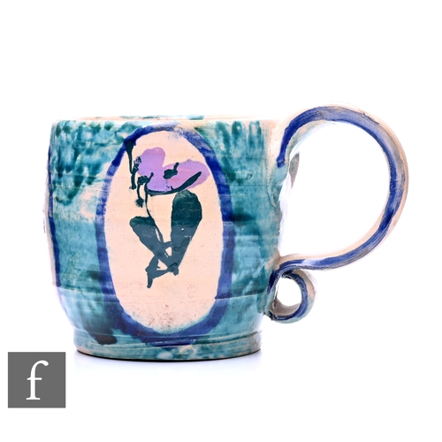 663 - Quentin Bell - Fulham Pottery - A painted pottery mug of barrel form with loop handle, decorated wit... 