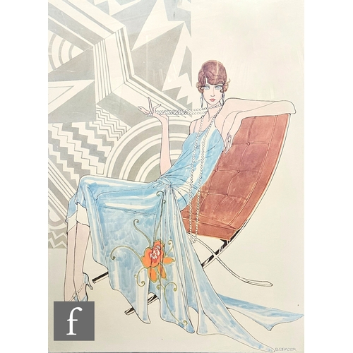 815 - After Betty Brader (American, 1923–1986) - A fashion illustration with a lady in a peach jumpsuit in... 