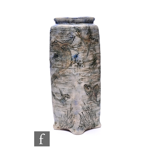 159 - Martin Brothers - An early 20th Century stoneware vase, of footed square sleeve form with shallow co... 