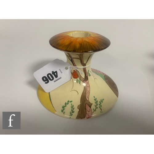 406 - Clarice Cliff - Spire - A shape 310 candlestick circa 1935, hand painted with a stylised country lan... 