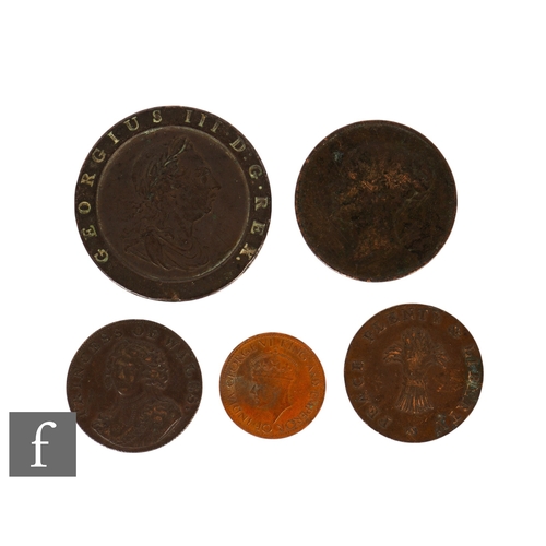 1 - George III - A 1797 Cartwheel two pence, a 1795 copper half penny token Princess of Wales, another f... 