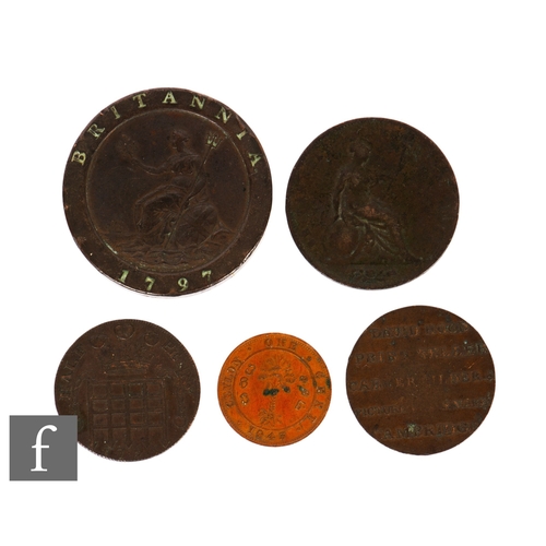 1 - George III - A 1797 Cartwheel two pence, a 1795 copper half penny token Princess of Wales, another f... 