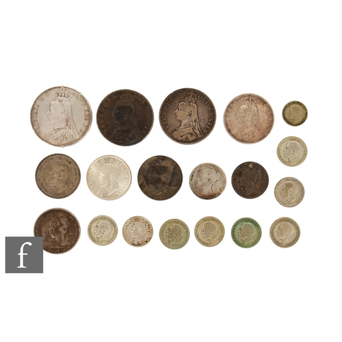 18 - Victoria - A crown, 1887, two double florins 1887 and 1889, half crown 1887 and other silver coinage... 