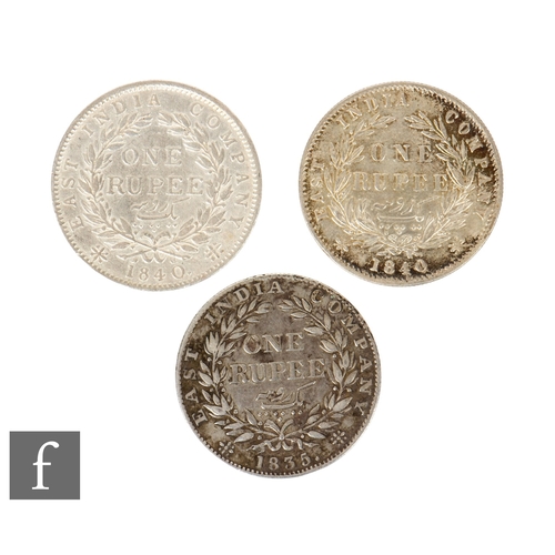 58 - William IV to Victoria - Three Rupees 1835 and  1840 x 2, East India Company. (3)