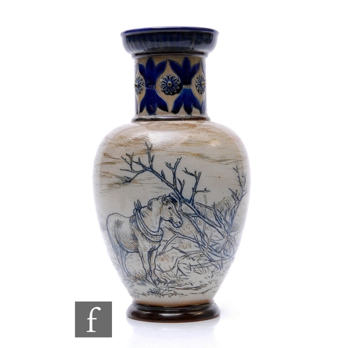 64 - Hannah Barlow - Doulton Lambeth - A late 19th Century stoneware vase, of shouldered form with foliat... 