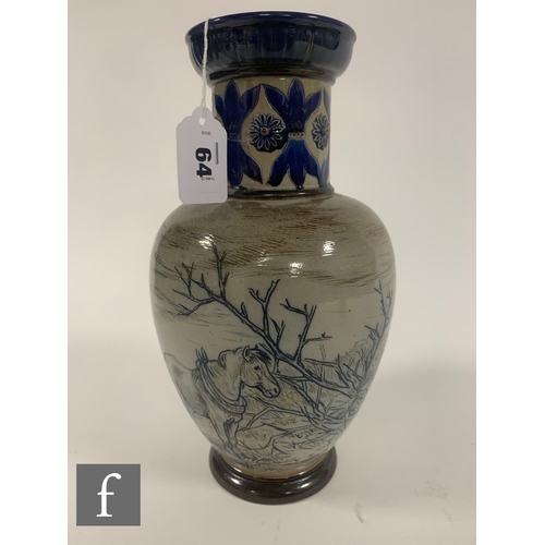 64 - Hannah Barlow - Doulton Lambeth - A late 19th Century stoneware vase, of shouldered form with foliat... 