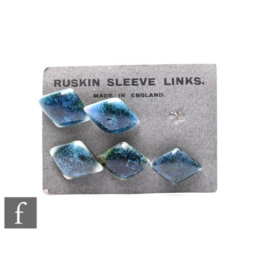 210 - Ruskin Pottery - Five carded sleeve links, lozenge form, blue /green crystalline glaze, printed 'Rus... 