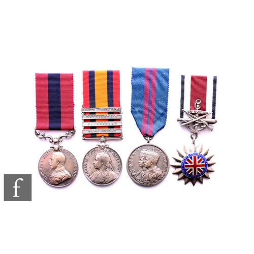 A group of three medals awarded to 6830 SGT Piper J Keith 2nd Royal Highlanders, the GV Distinguished Conduct Medal, QSA with four bars South Africa 1902, Driefontein, Paardeberg, Cape Colony with the Delhi Durbar 1911 issued Corps of Commissionaires medal and the later Corps of Commissionaires medal in silver dated 1939, with facsimile papers and photographs of the officer. 