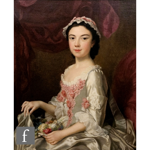 496 - George Beare (Flourished 1740-1749) – A portrait of Peg Woffington, seated in a silk gown with pink ... 