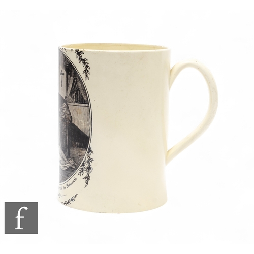 18 - A late 18th Century Royal commemorative Staffordshire Creamware tankard, circa 1793, black transfer ... 