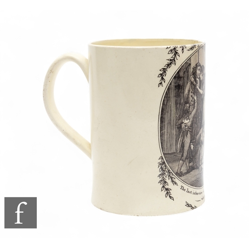 18 - A late 18th Century Royal commemorative Staffordshire Creamware tankard, circa 1793, black transfer ... 