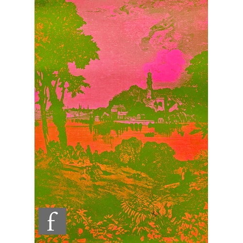 964 - Harry Hambly (Hambly Studios) - Black light psychedelic poster depicting a river landscape with a to... 