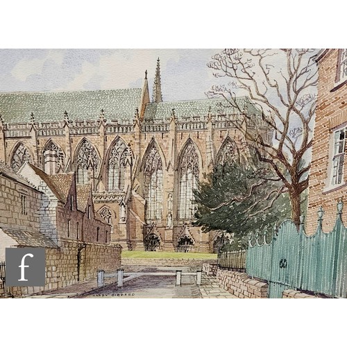 408 - Harry Gibberd RBSA (1914-1991) - 'Litchfield Cathedral from the Bridge Birdstreet', watercolour, sig... 