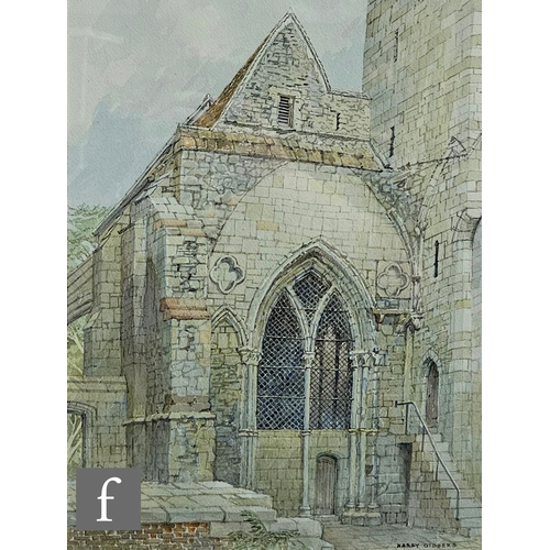 411 - Harry Gibberd RBSA (1914-1991) - 'Interior of Tewesbury Abbey, Gloucestershire', watercolour, signed... 