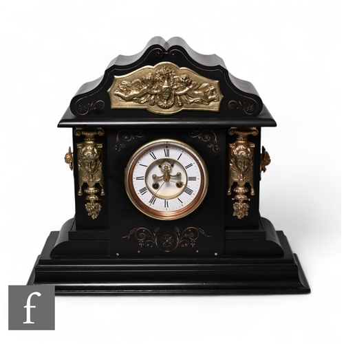314 - A 19th Century French ebonised slate mantle clock, eight day striking movement by H Marc Paris No 58... 