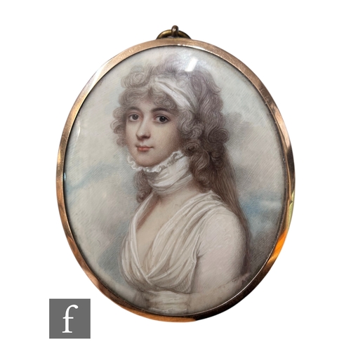 Circle of Andrew Plimer (1763 - 1837) - A portrait of a young lady wearing a white dress and hair band, a miniature watercolour on ivory, half length, with a woven hair backed panel and gilt metal 'MU' initials to the reverse, oval, framed, 8.5cm x 7.5cm.