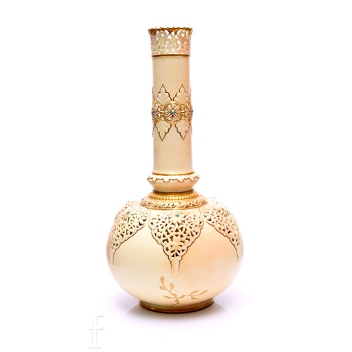 416 - A Royal China Works Worcester blush ivory vase, circa 1900, of bottle form with high drawn neck with... 