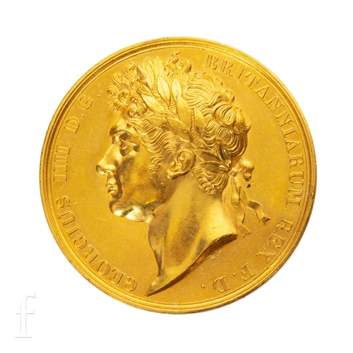 George IIII - A 1821 gold coronation medal, with scene of the King being crowned by Peace, a winged angel, while three women in classical robes swear allegiance, representative of England, Scotland, and Ireland, 31.4g.