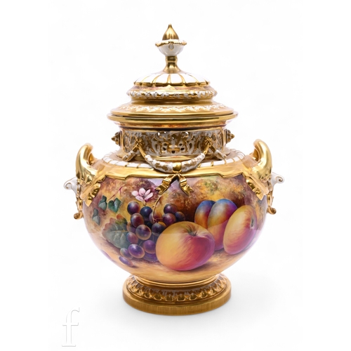 Paul English for Royal Worcester, a fruit painted Bow vase, circa 1975, twin handled footed form, the shoulders with applied foliate and ribbon swags over reticulated, stopped circular cover with relief moulding and flower bud finial, decorated in the round with apples, peaches and grapes on mossy ground signed, black printed marks, shape no.1428 5/3, height 30cm.